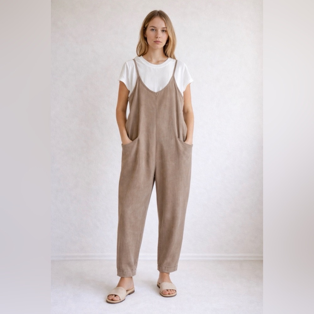 ANTHRO Sundry L COTTON Utility 2PC SET Light Caramel Jumpsuit White Crew Neck